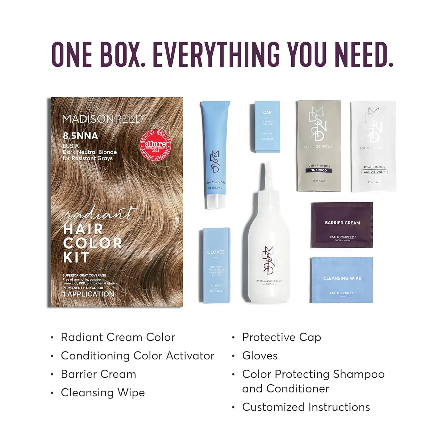 Madison Reed Radiant Hair Color Kit, Dark Neutral Blonde for 100% Gray Coverage of Resistant Gray Hair, Ammonia-Free, 8.5NNA Lusia Dark Blonde, Permanent Hair Dye, Pack of 3