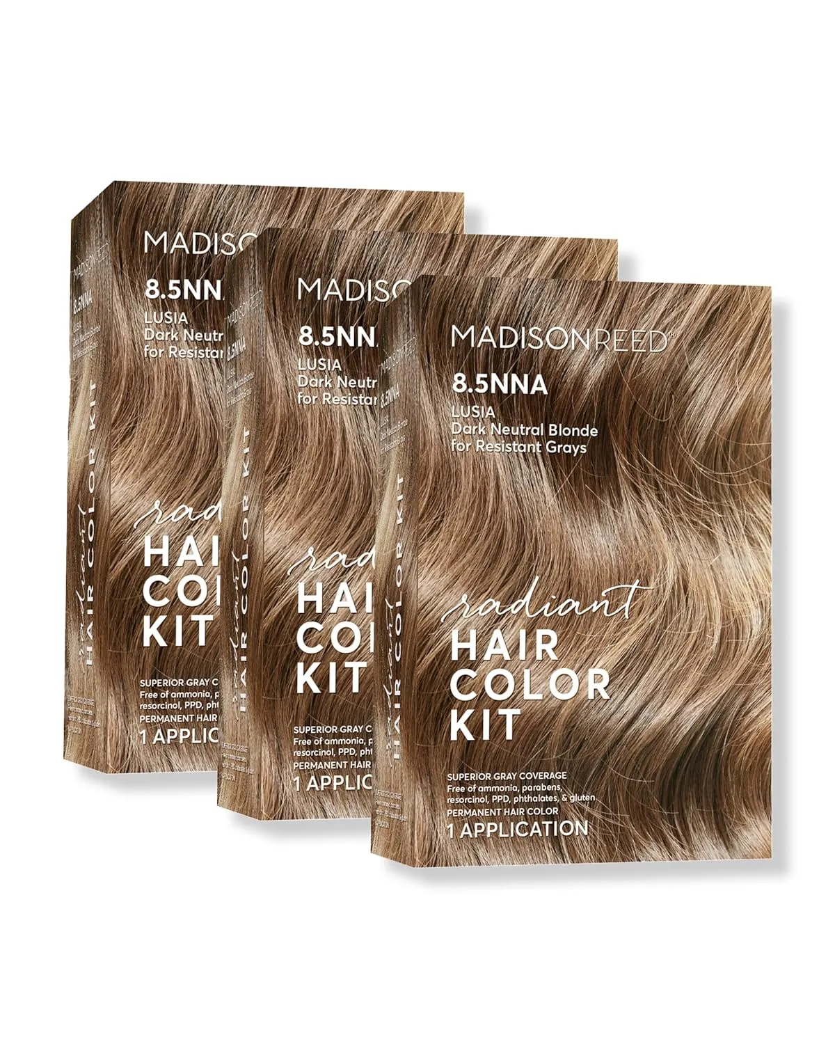 Madison Reed Radiant Hair Color Kit, Dark Neutral Blonde for 100% Gray Coverage of Resistant Gray Hair, Ammonia-Free, 8.5NNA Lusia Dark Blonde, Permanent Hair Dye, Pack of 3