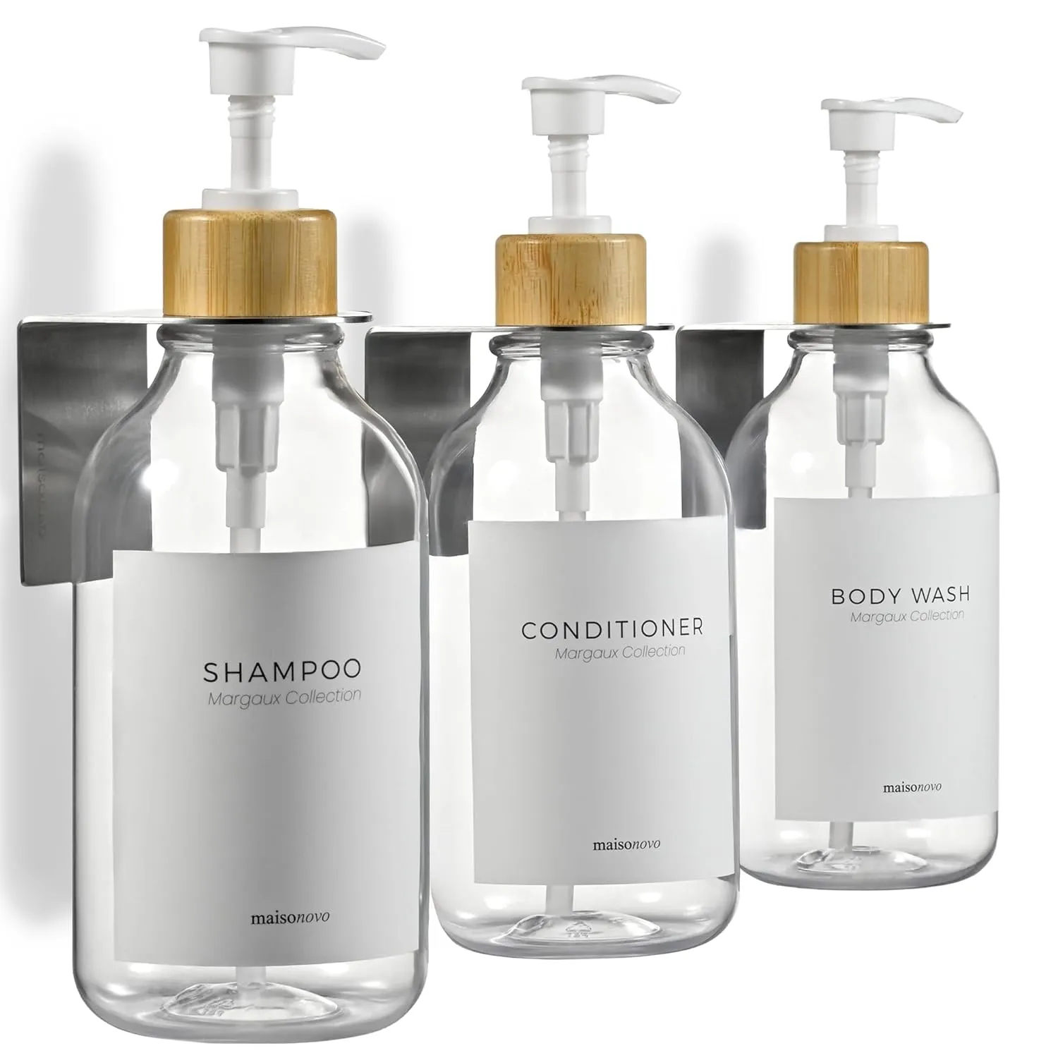 MaisoNovo Shampoo and Conditioner Dispenser - Shower Soap Dispenser Wall Mounted - 16.9 fl oz Set of 3 Clear Plastic Bottles White Bamboo Pump - Shampoo Dispenser, Shower Dispenser 3 Chamber No Drill