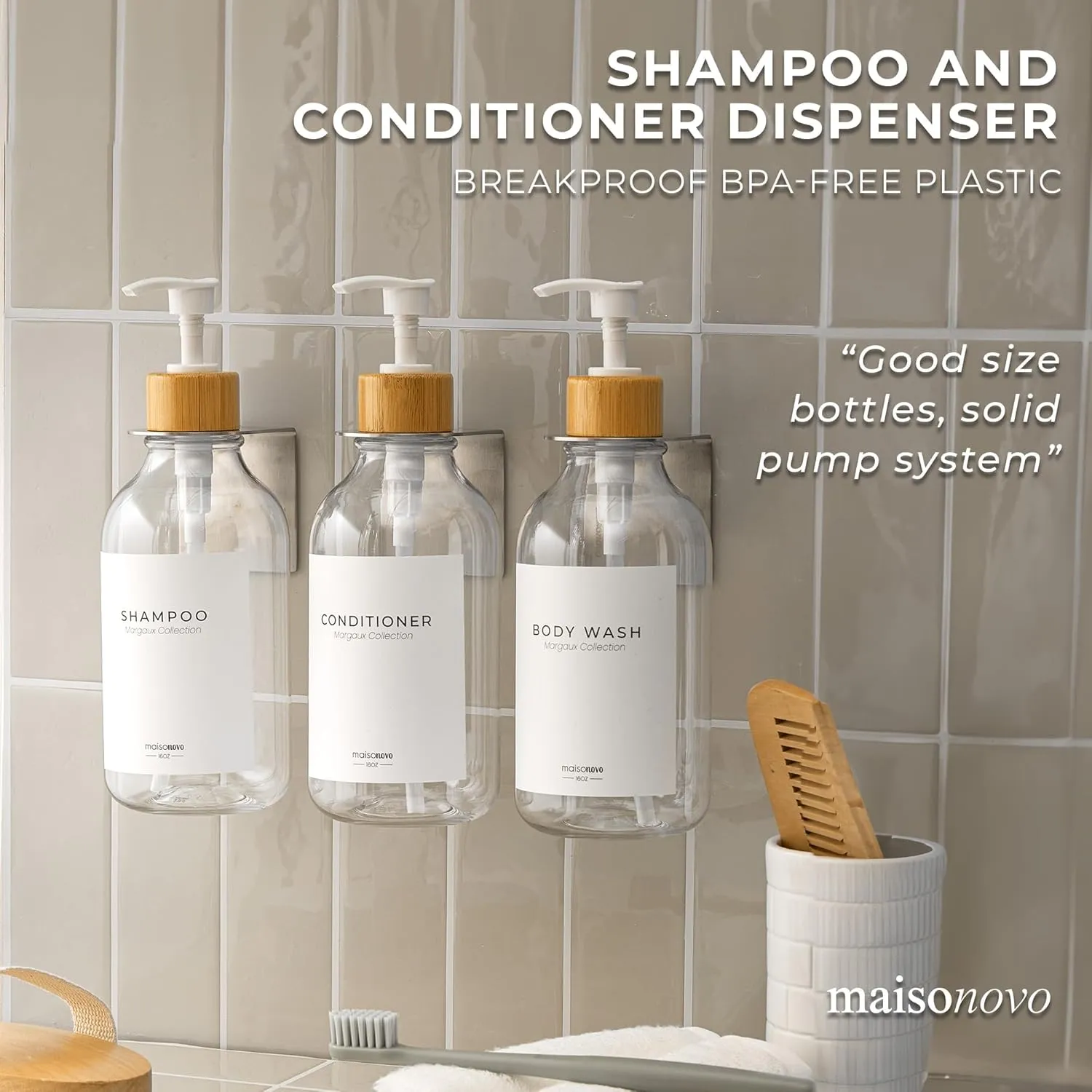 MaisoNovo Shampoo and Conditioner Dispenser - Shower Soap Dispenser Wall Mounted - 16.9 fl oz Set of 3 Clear Plastic Bottles White Bamboo Pump - Shampoo Dispenser, Shower Dispenser 3 Chamber No Drill