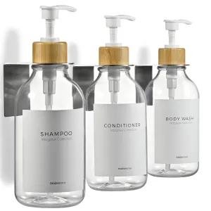 MaisoNovo Shampoo and Conditioner Dispenser - Shower Soap Dispenser Wall Mounted - 16.9 fl oz Set of 3 Clear Plastic Bottles White Bamboo Pump - Shampoo Dispenser, Shower Dispenser 3 Chamber No Drill