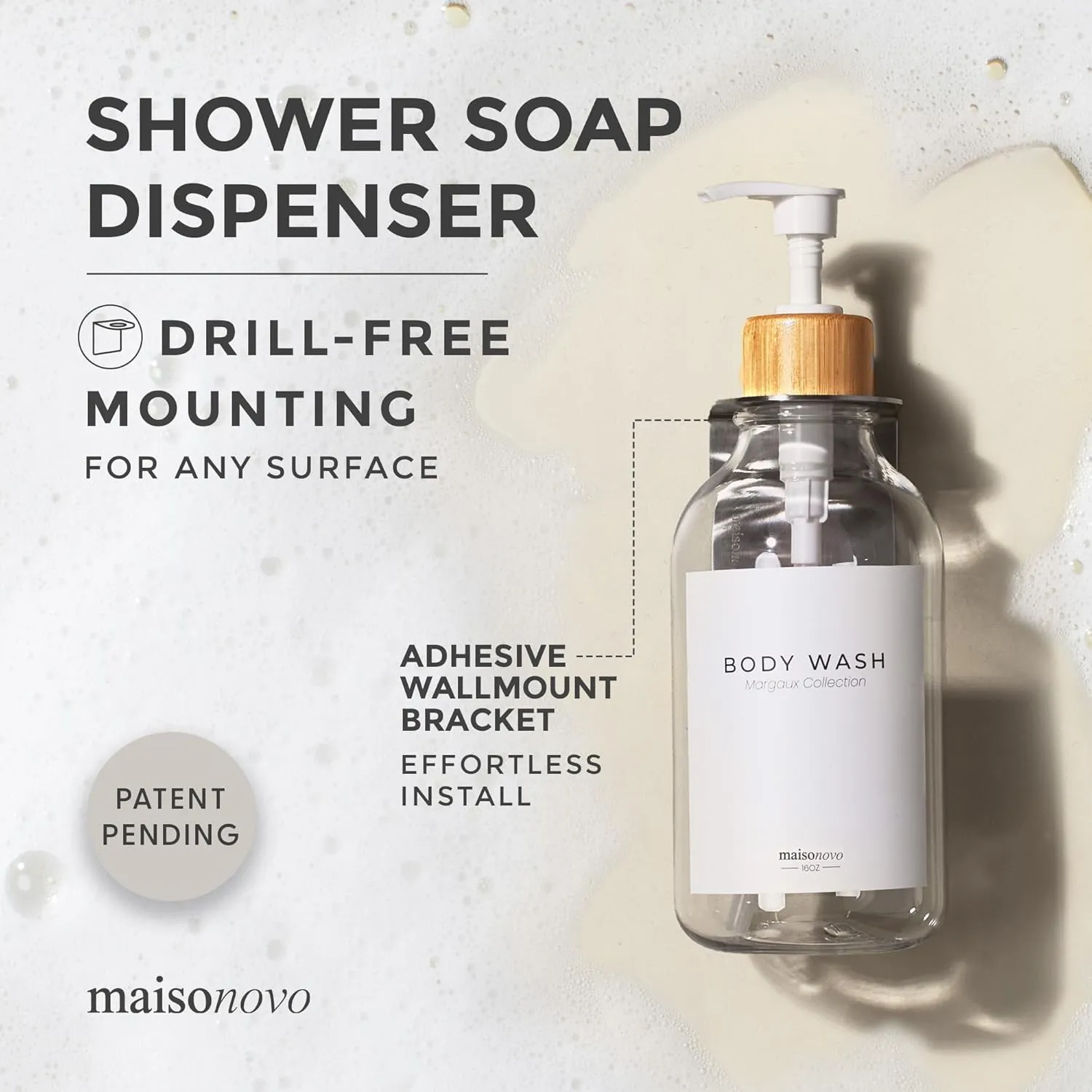 MaisoNovo Shampoo and Conditioner Dispenser - Shower Soap Dispenser Wall Mounted - 16.9 fl oz Set of 3 Clear Plastic Bottles White Bamboo Pump - Shampoo Dispenser, Shower Dispenser 3 Chamber No Drill