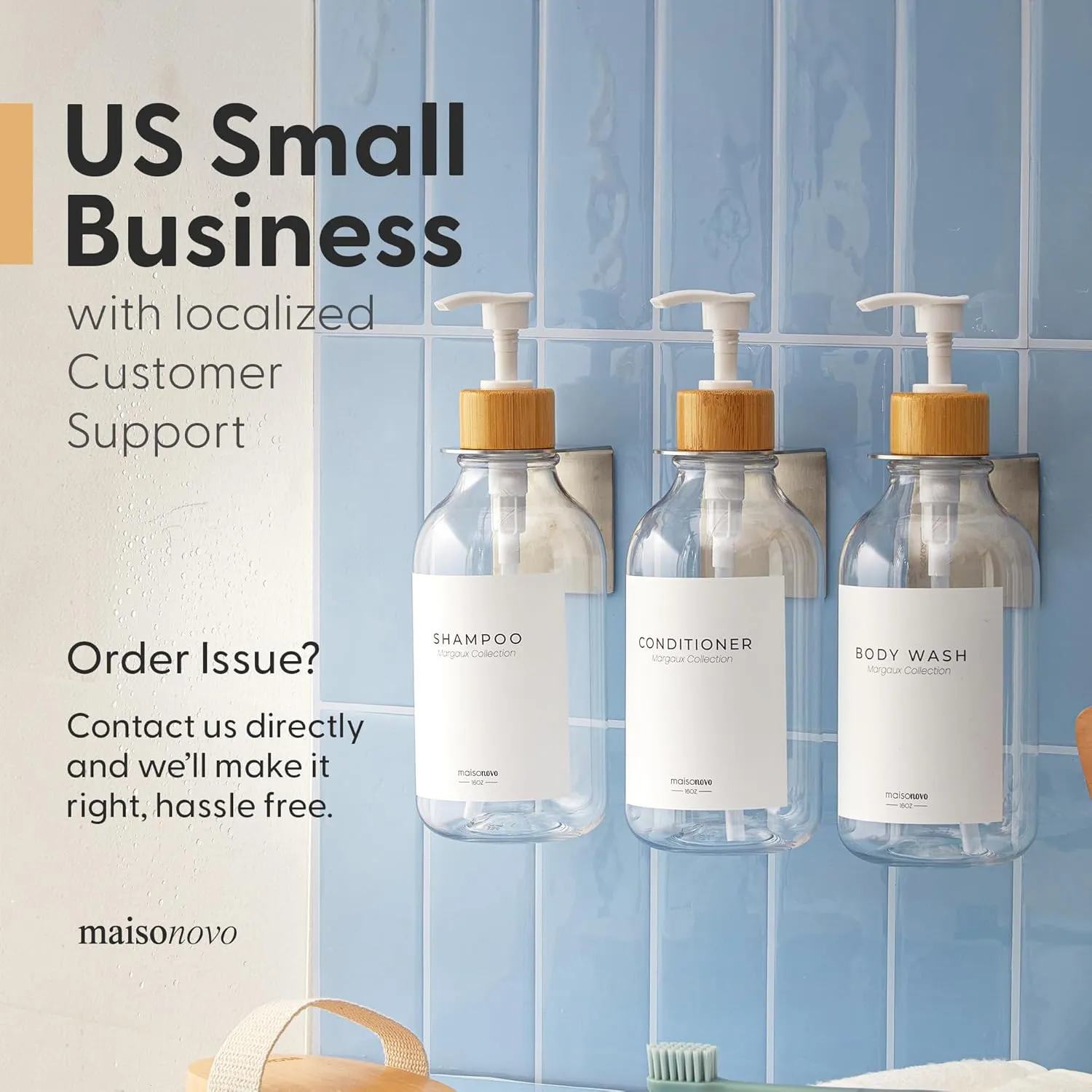 MaisoNovo Shampoo and Conditioner Dispenser - Shower Soap Dispenser Wall Mounted - 16.9 fl oz Set of 3 Clear Plastic Bottles White Bamboo Pump - Shampoo Dispenser, Shower Dispenser 3 Chamber No Drill