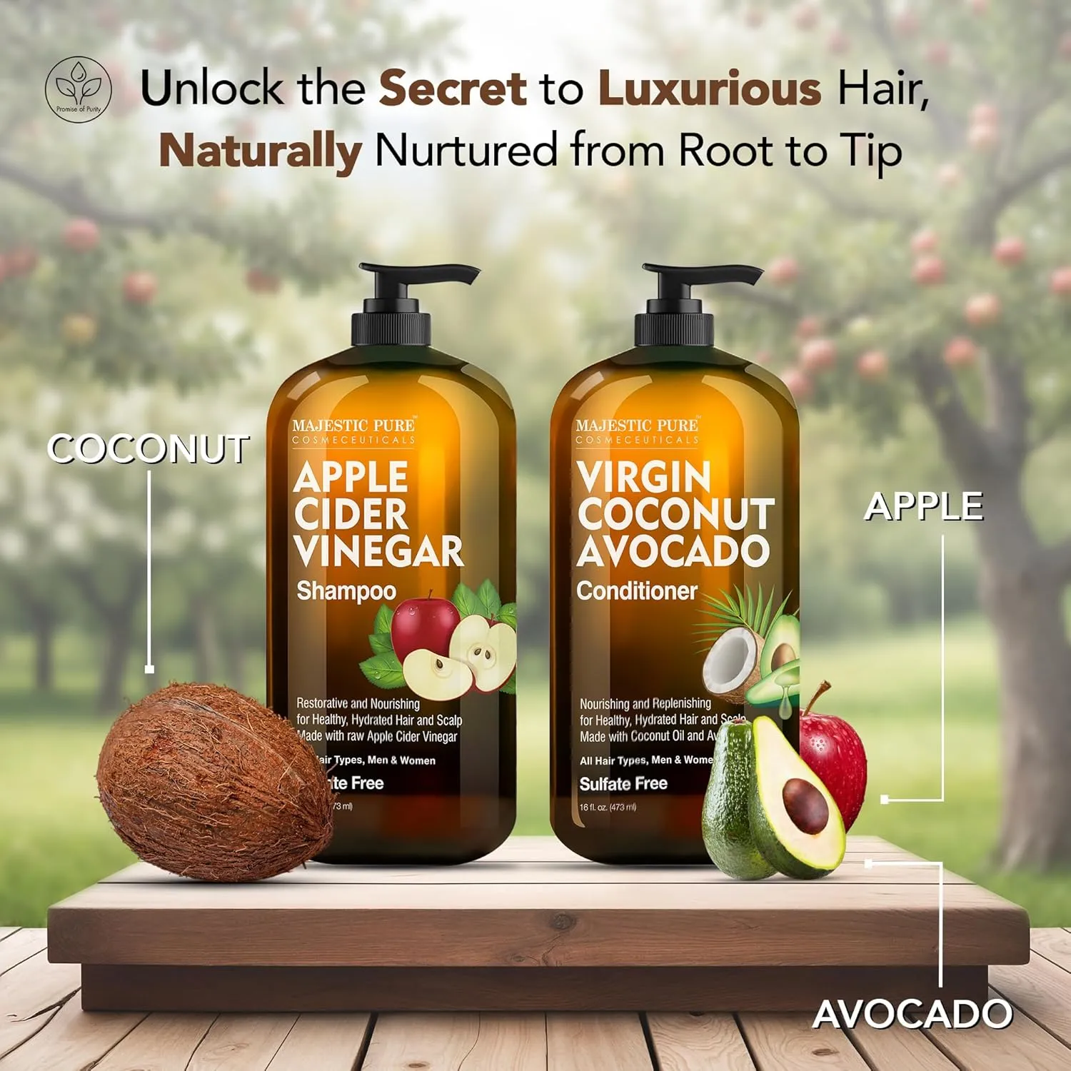 MAJESTIC PURE Apple Cider Vinegar Shampoo and Avocado Coconut Conditioner Set - Restores Shine & Reduces Itchy Scalp, Dandruff & Frizz - Sulfate Free, for All Hair Types, Men and Women - 2 x 16 fl oz