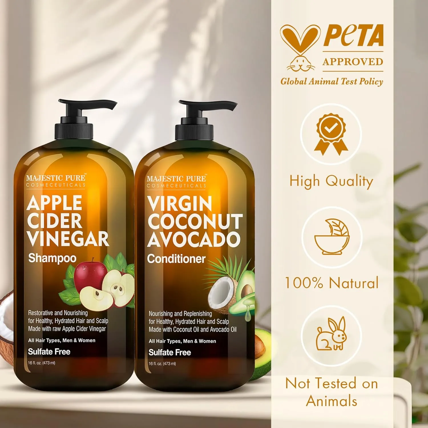 MAJESTIC PURE Apple Cider Vinegar Shampoo and Avocado Coconut Conditioner Set - Restores Shine & Reduces Itchy Scalp, Dandruff & Frizz - Sulfate Free, for All Hair Types, Men and Women - 2 x 16 fl oz