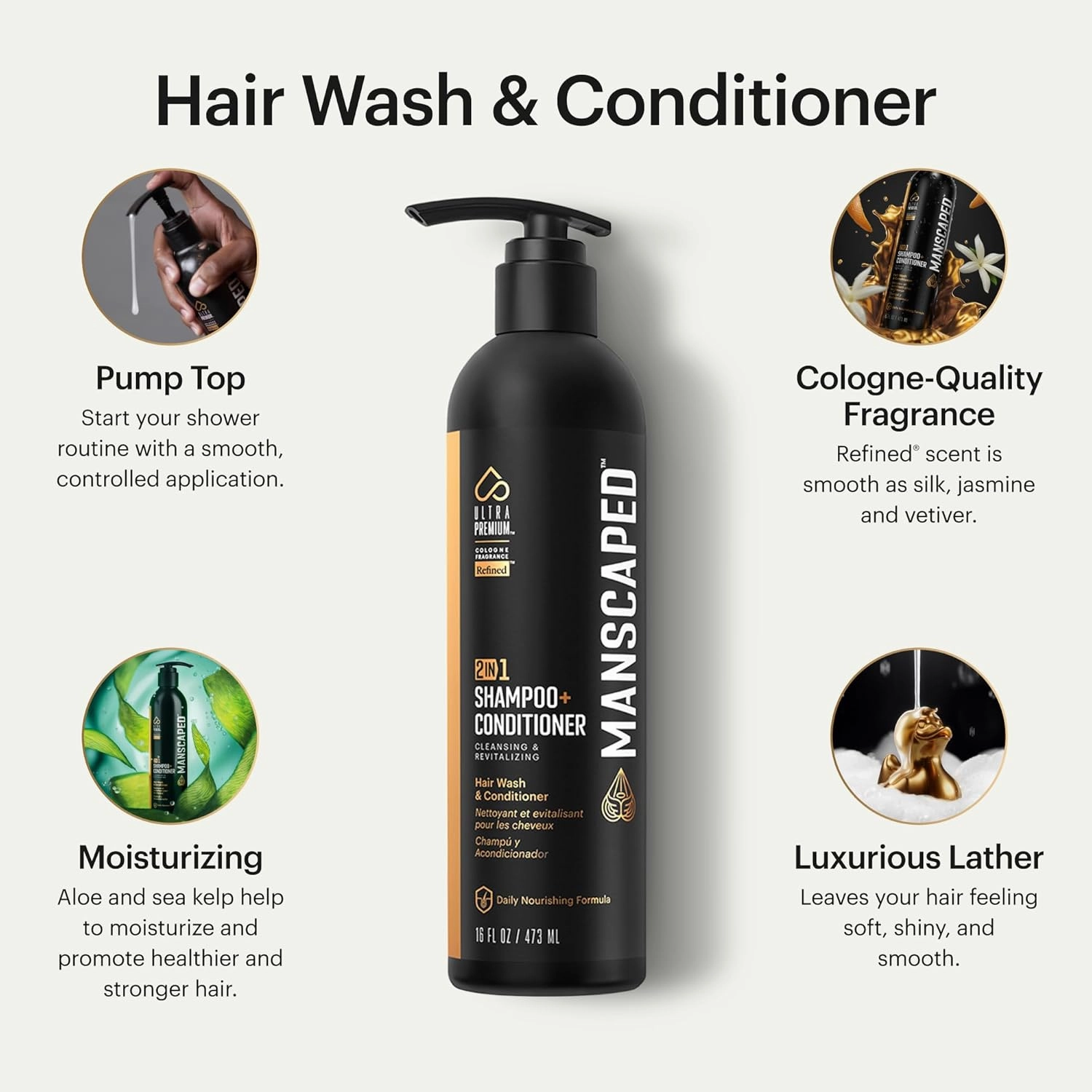 MANSCAPED® 2 In 1 Shampoo & Conditioner, UltraPremium Formula Infused with Sea Kelp, Coconut Water, Aloe for Nourishing and Hydrating Hair (16 oz), 2 Pack