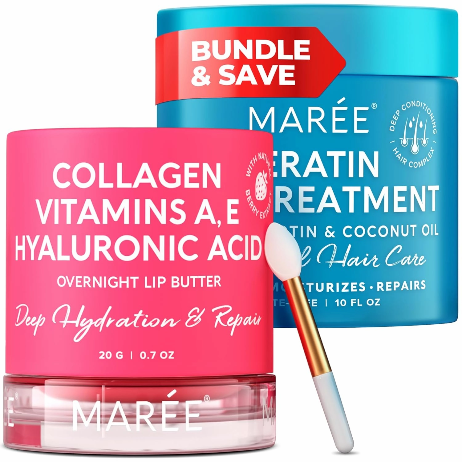 MAREE Ultimate Hydration & Repair - Lip Mask with Hyaluronic Acid & Coconut Oil & Hair Mask with Coconut Oil & Keratin - Nourish & Hydrate Dry Cracked Lips, Conditioner for Fine, Curly & Frizzy Hair