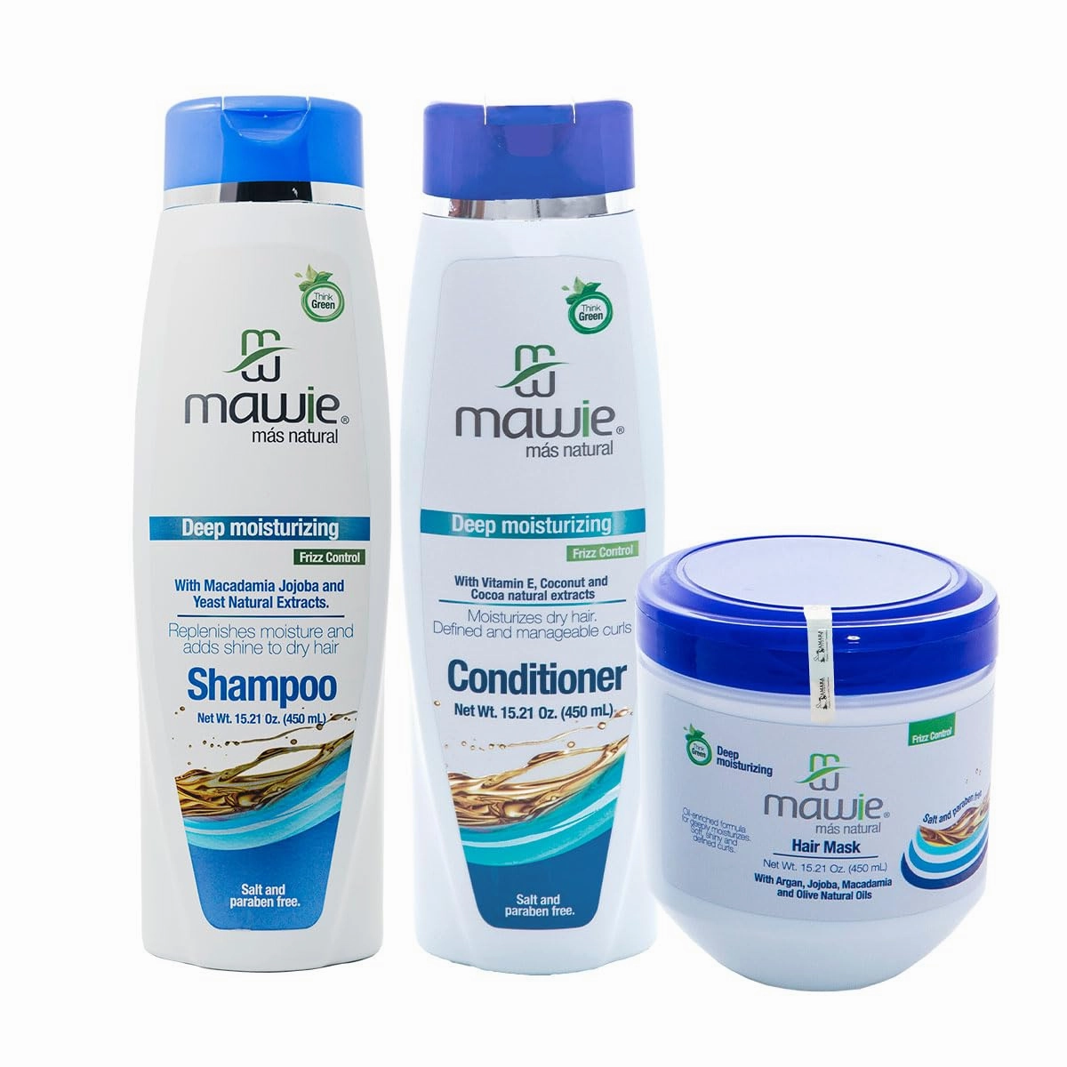 MAWIE MÁS NATURAL Hydrate Moisturizing Shampoo, Conditioner & Hair Mask Set | Intensive Hydration for Dry, Curly & Afro Hair | Paraben & Sulfate Free