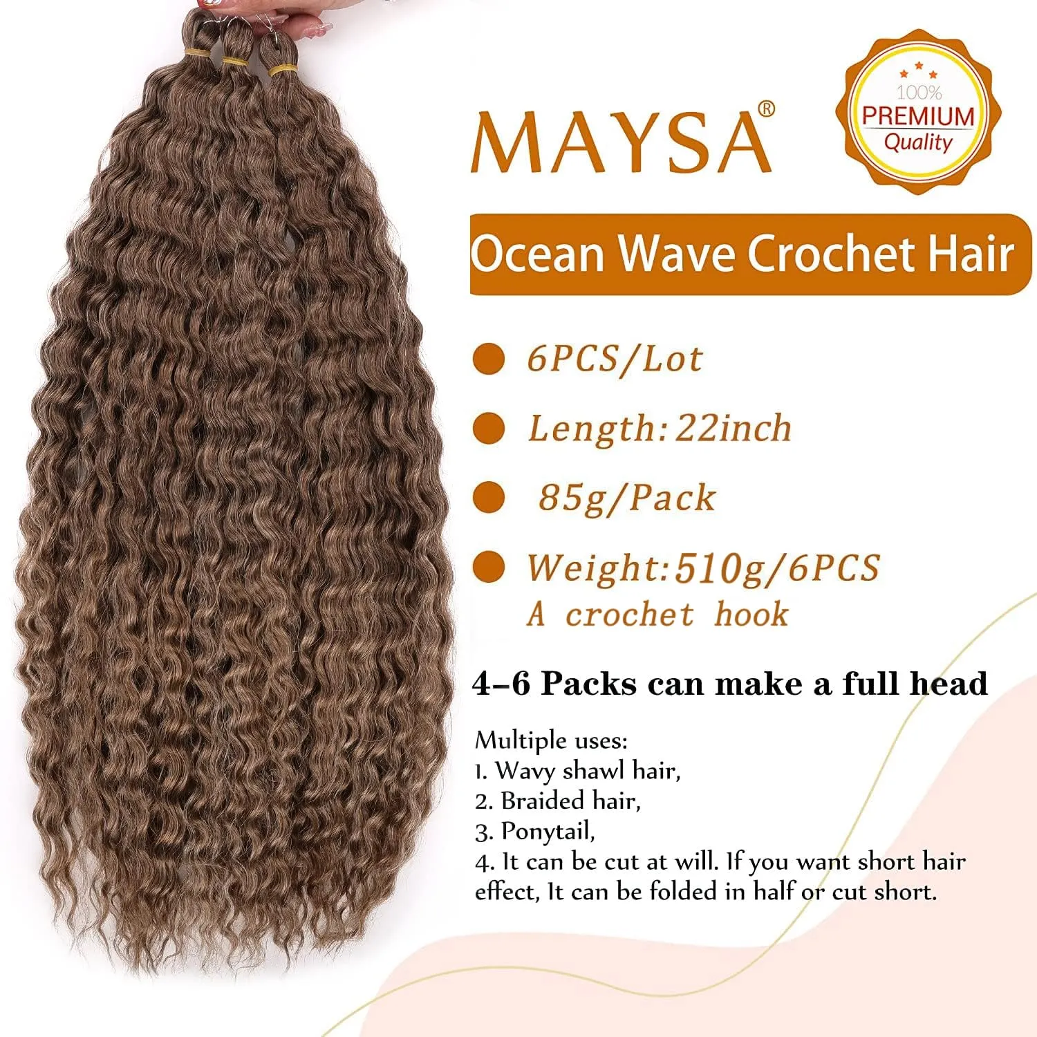 MAYSA Brown Curly Crochet Hair for Women Synthetic Wavy Crochet Hair 22 Inch 6Packs Ocean Wave Braiding Hair Extension #12Brown
