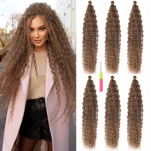 MAYSA Brown Curly Crochet Hair for Women Synthetic Wavy Crochet Hair 22 Inch 6Packs Ocean Wave Braiding Hair Extension #12Brown