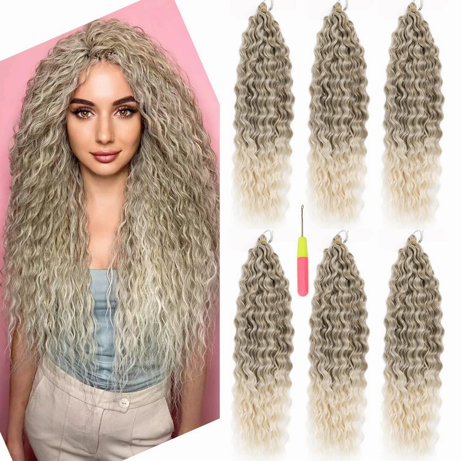 MAYSA Ocean Wave Crochet Hair Extensions, Cyan Brown Curly Braiding Crochet Hair, 22 Inch 6Packs Ombre Crochet Hair Extensions for Women #10/60