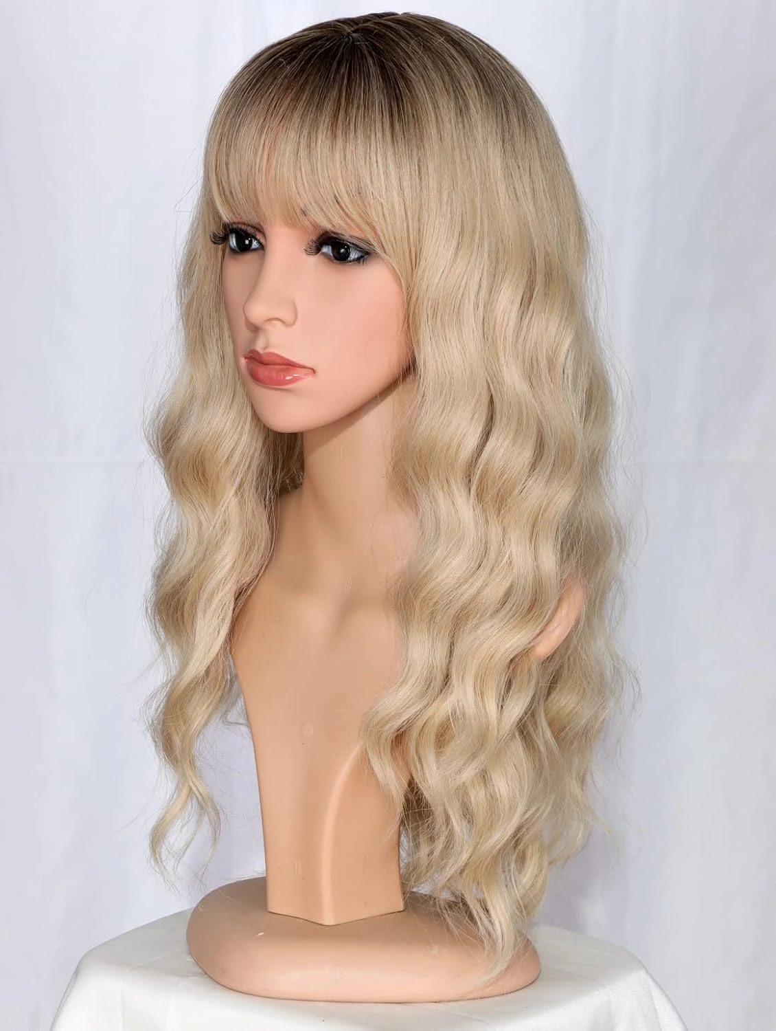 Medium Long Blonde Wavy Wigs For Women Synthetic Full Hair Wigs With Bangs For Daily Use (Blonde)