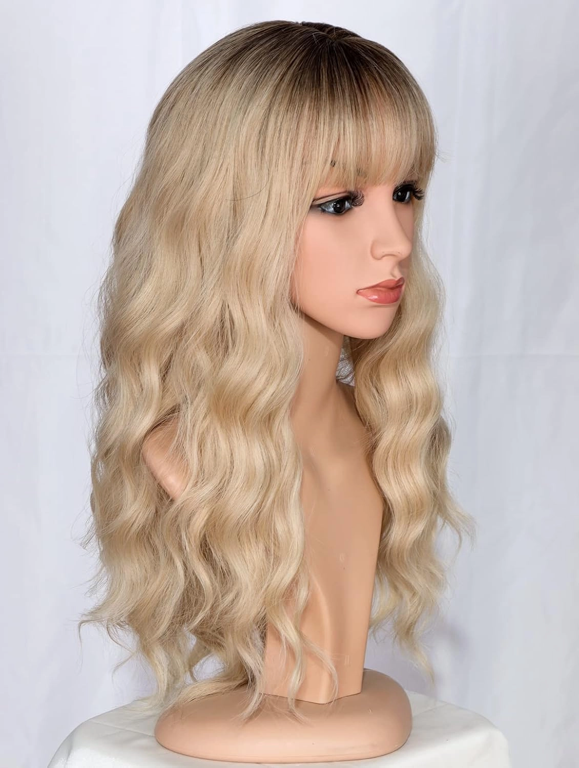 Medium Long Blonde Wavy Wigs For Women Synthetic Full Hair Wigs With Bangs For Daily Use (Blonde)