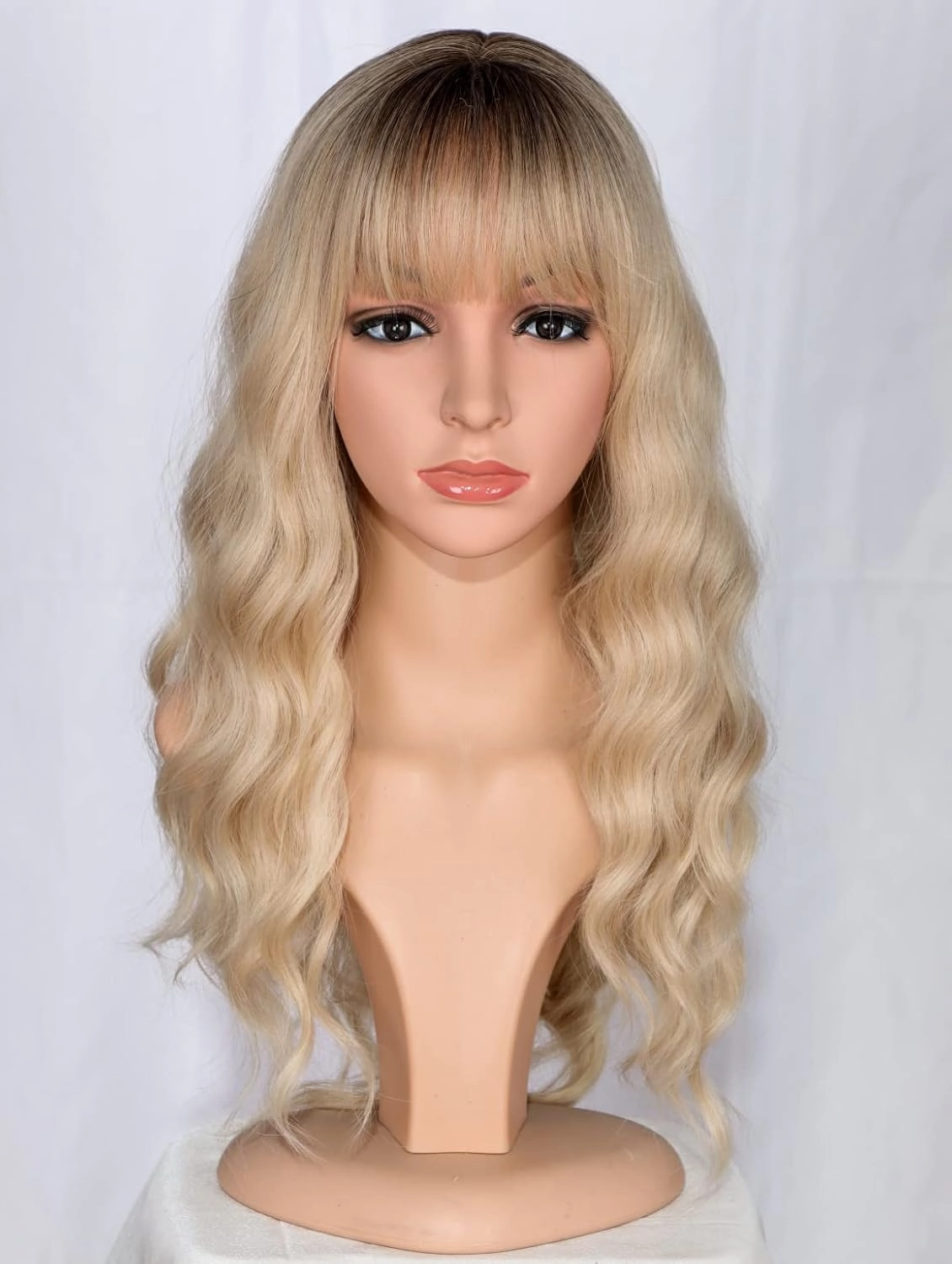 Medium Long Blonde Wavy Wigs For Women Synthetic Full Hair Wigs With Bangs For Daily Use (Blonde)
