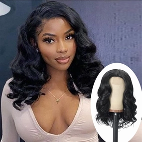 meiliprotea 16" Short Body Wave Synthetic Wig Side Part Bob Wavy Lace 180% Density Ocean Wave Wig for Black Women