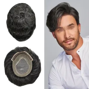 Men Toupee Human Hair Pieces for Men Durable Fine Monofilament Hair Replacement System Hair Toupee for Men Hairpiece Natural Looking Mens Hair Prosthesis 6X8#1B30#1B Off Black 30% Grey 120% Density