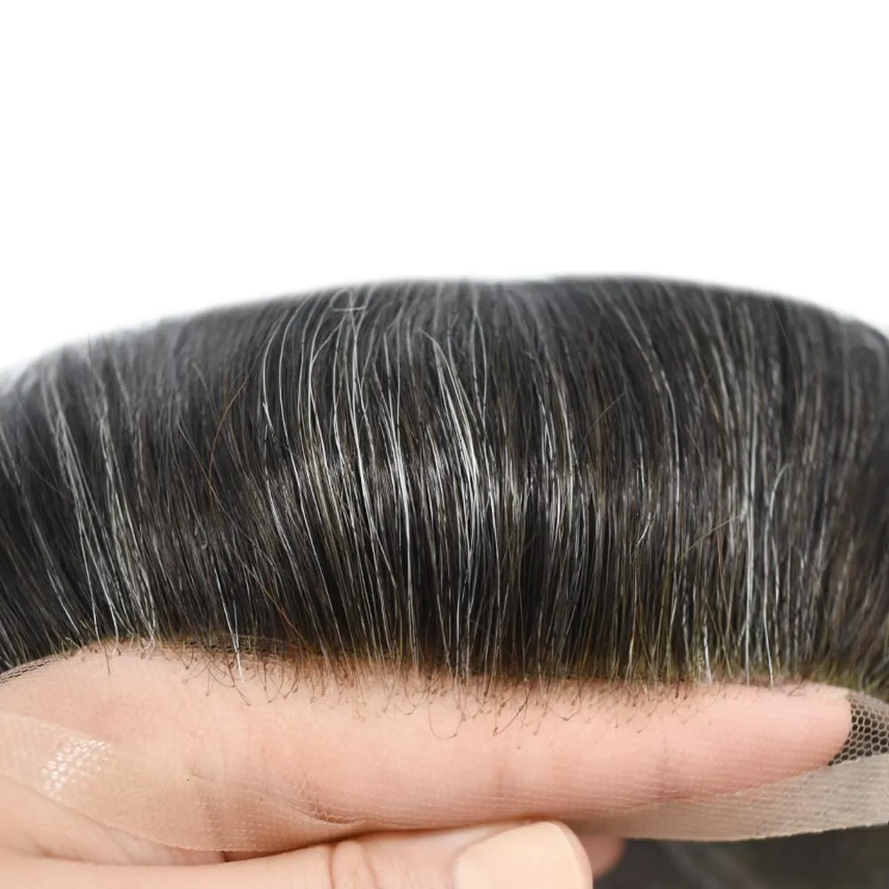 Men Toupee Human Hair Pieces for Men Durable Fine Monofilament Hair Replacement System Hair Toupee for Men Hairpiece Natural Looking Mens Hair Prosthesis 6X8#1B30#1B Off Black 30% Grey 120% Density