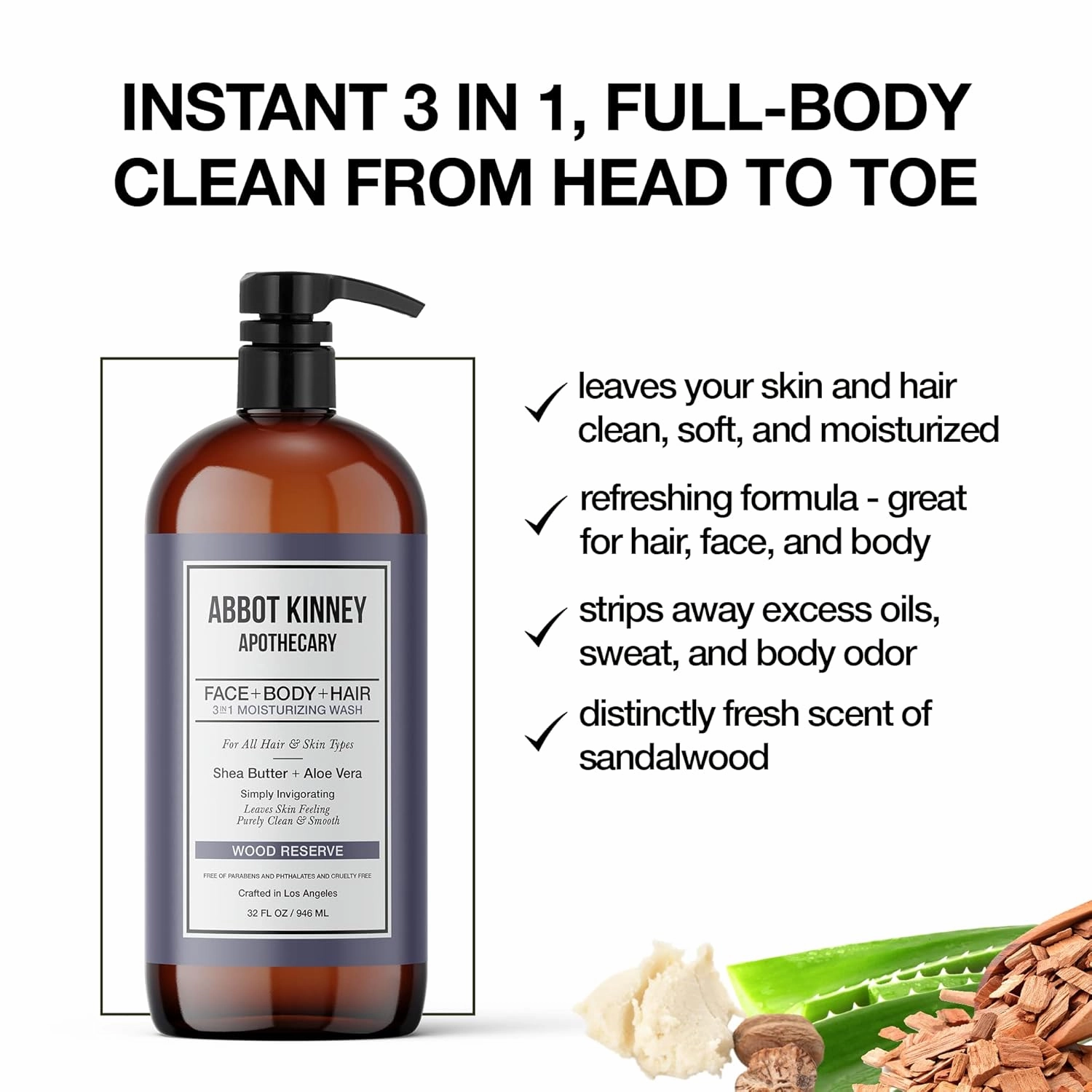 Men's 3-in-1 Wash, Moisturizing Shampoo, Conditioner, and Body Wash for Men, Suitable for All Skin and Hair Types, 32oz - Abbot Kinney Apothecary (Wood Reserve) – 2 Pack