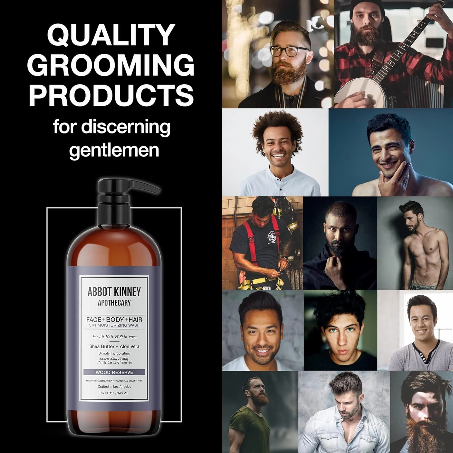 Men's 3-in-1 Wash, Moisturizing Shampoo, Conditioner, and Body Wash for Men, Suitable for All Skin and Hair Types, 32oz - Abbot Kinney Apothecary (Wood Reserve) – 2 Pack