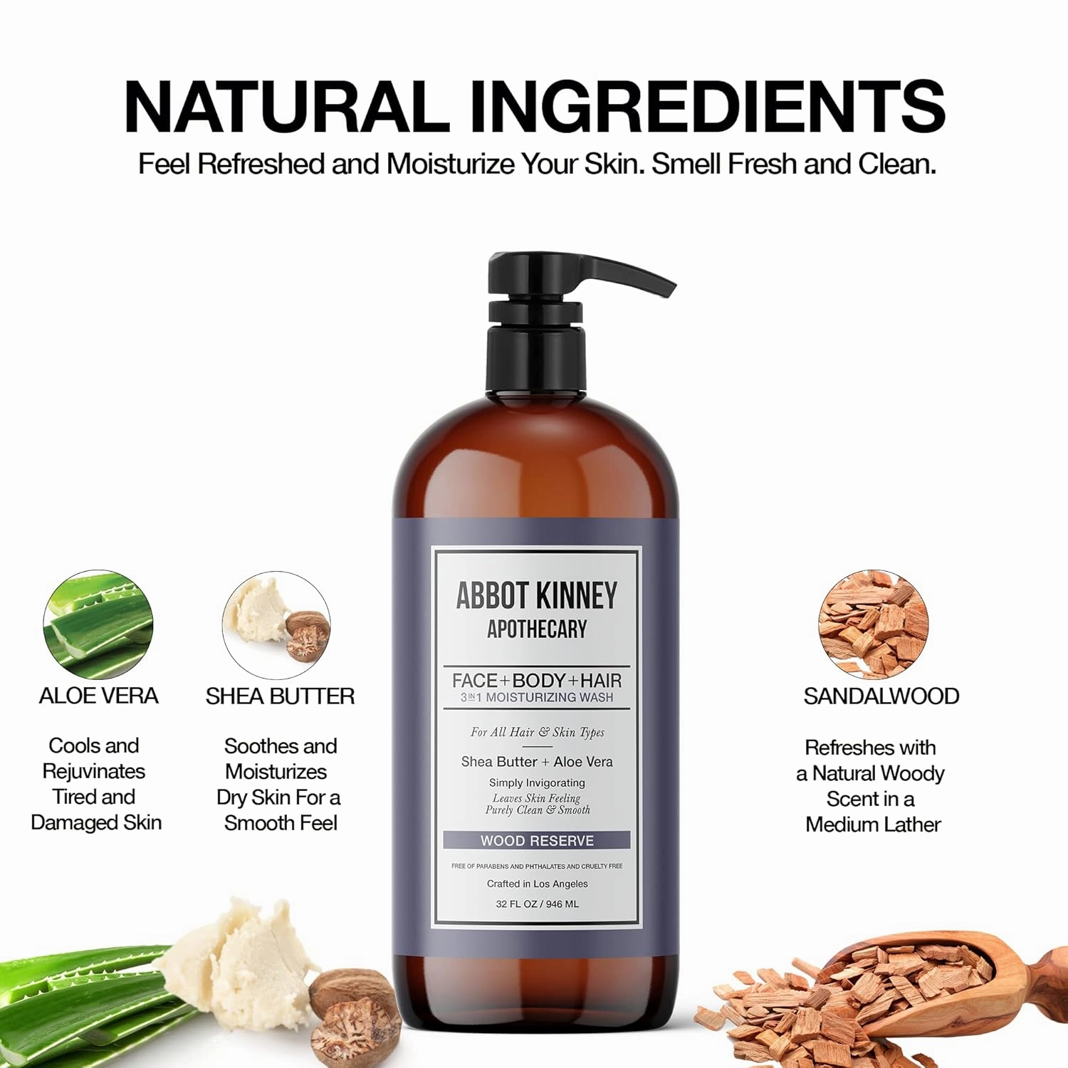 Men's 3-in-1 Wash, Moisturizing Shampoo, Conditioner, and Body Wash for Men, Suitable for All Skin and Hair Types, 32oz - Abbot Kinney Apothecary (Wood Reserve) – 2 Pack