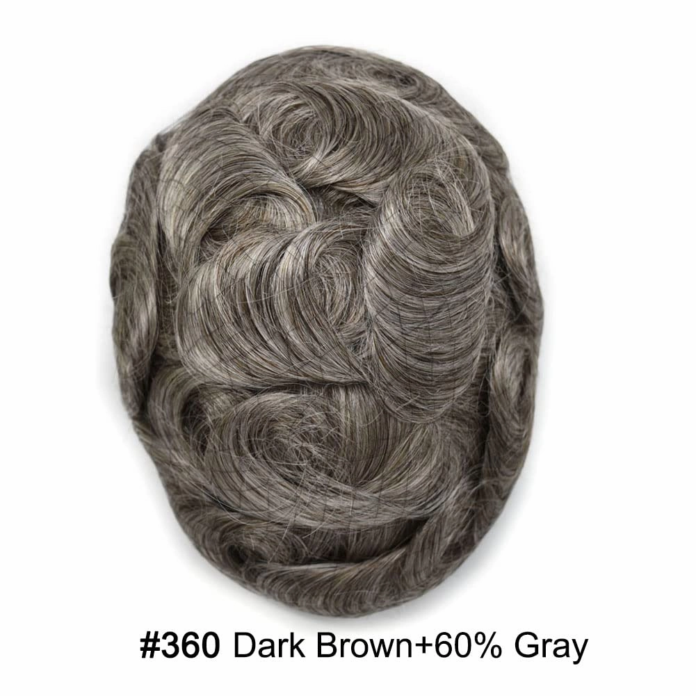Men's Toupee Men Hair Piece Swiss Lace Toupee for Men Real Human Hair Replacement Systems Mens Lace Hair System Natural Looking 7X9#360#3 Dark Brown 60% Grey 80% Light Density