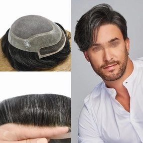 Men Toupee Human Hair Pieces for Men Durable Fine Monofilament Hair Replacement System Hair Toupee for Men Hairpiece Natural Looking Mens Hair Prosthesis 6X8-120% density#1B20#1B Off Black 20% Grey