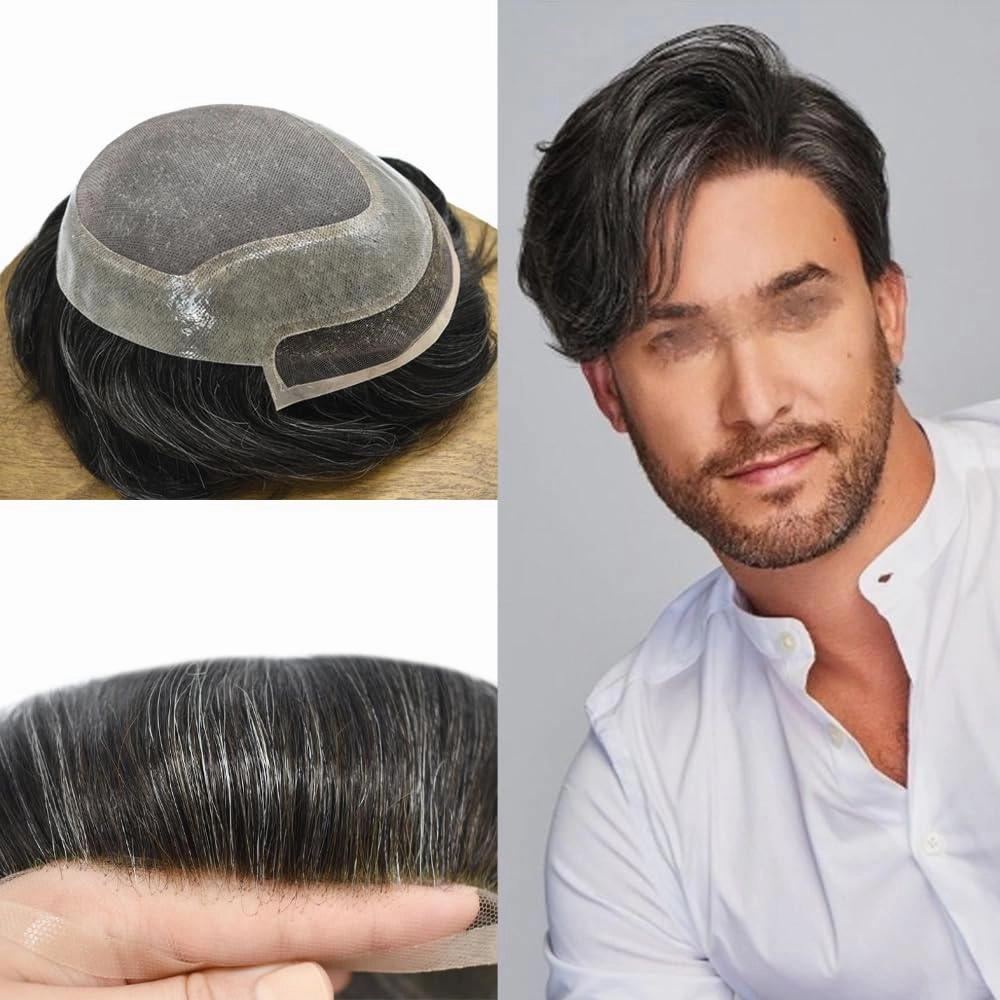 Men Toupee Human Hair Pieces for Men Durable Fine Monofilament Hair Replacement System Hair Toupee for Men Hairpiece Natural Looking Mens Hair Prosthesis 6X8-120% density#1B20#1B Off Black 20% Grey