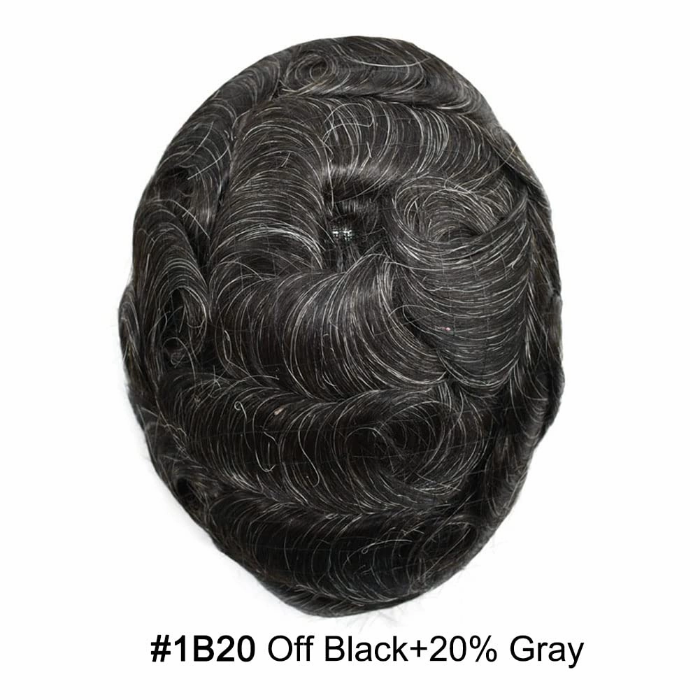 Men Toupee Human Hair Pieces for Men Durable Fine Monofilament Hair Replacement System Hair Toupee for Men Hairpiece Natural Looking Mens Hair Prosthesis 6X8-120% density#1B20#1B Off Black 20% Grey