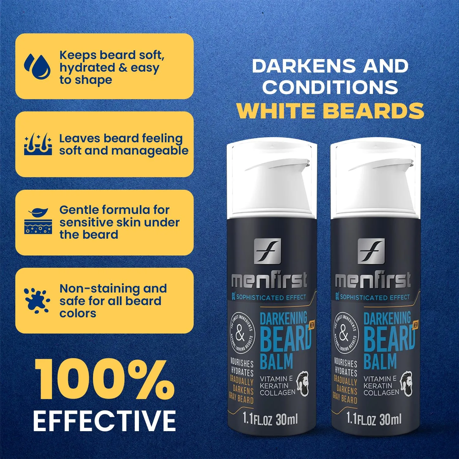 MENFIRST Darkening Leave-In Beard Balm Conditioner for men, works on sensitive skin, gradually darkens white or gray hair infused with Keratine, Collagen and Vitamin E. Natural looking results. 2-Pack