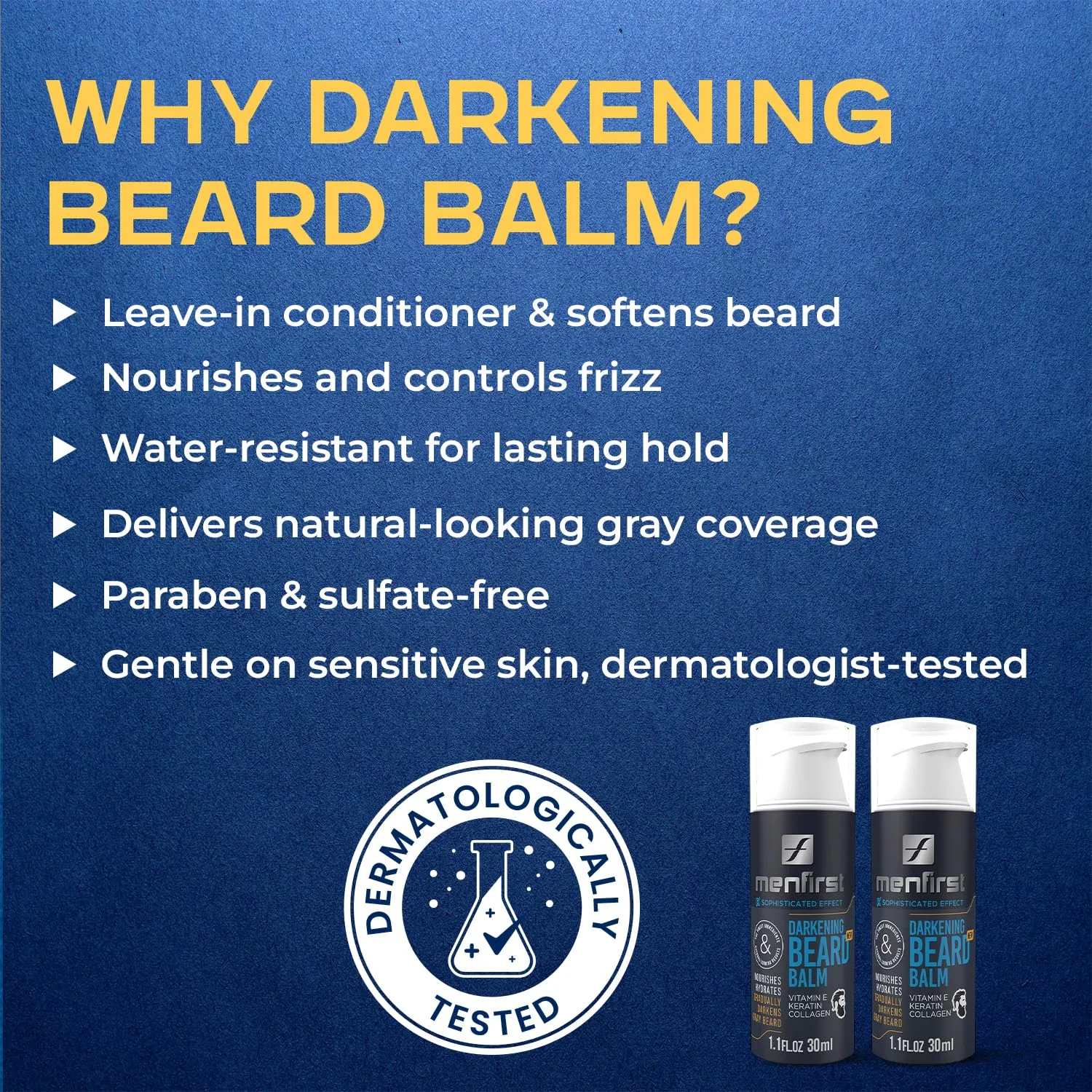MENFIRST Darkening Leave-In Beard Balm Conditioner for men, works on sensitive skin, gradually darkens white or gray hair infused with Keratine, Collagen and Vitamin E. Natural looking results. 2-Pack