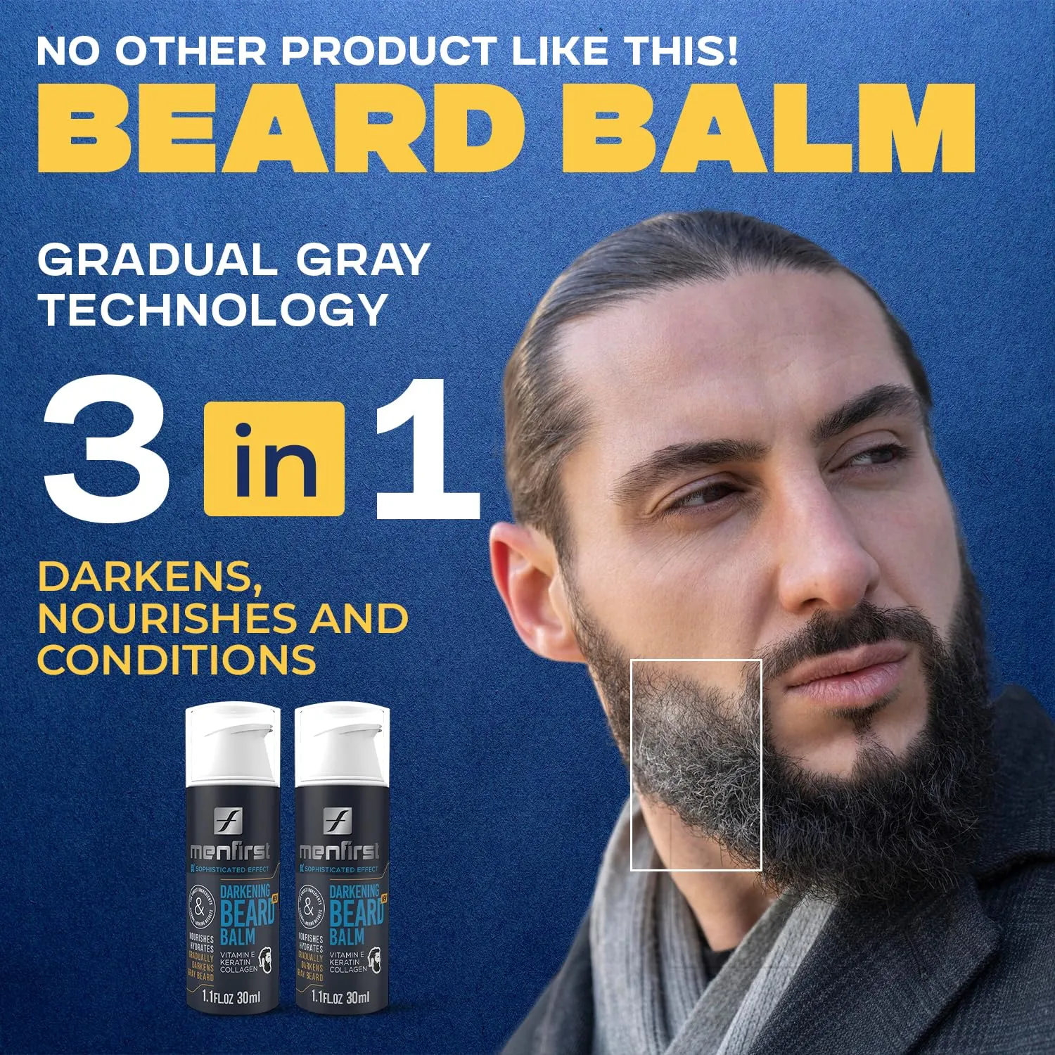 MENFIRST Darkening Leave-In Beard Balm Conditioner for men, works on sensitive skin, gradually darkens white or gray hair infused with Keratine, Collagen and Vitamin E. Natural looking results. 2-Pack