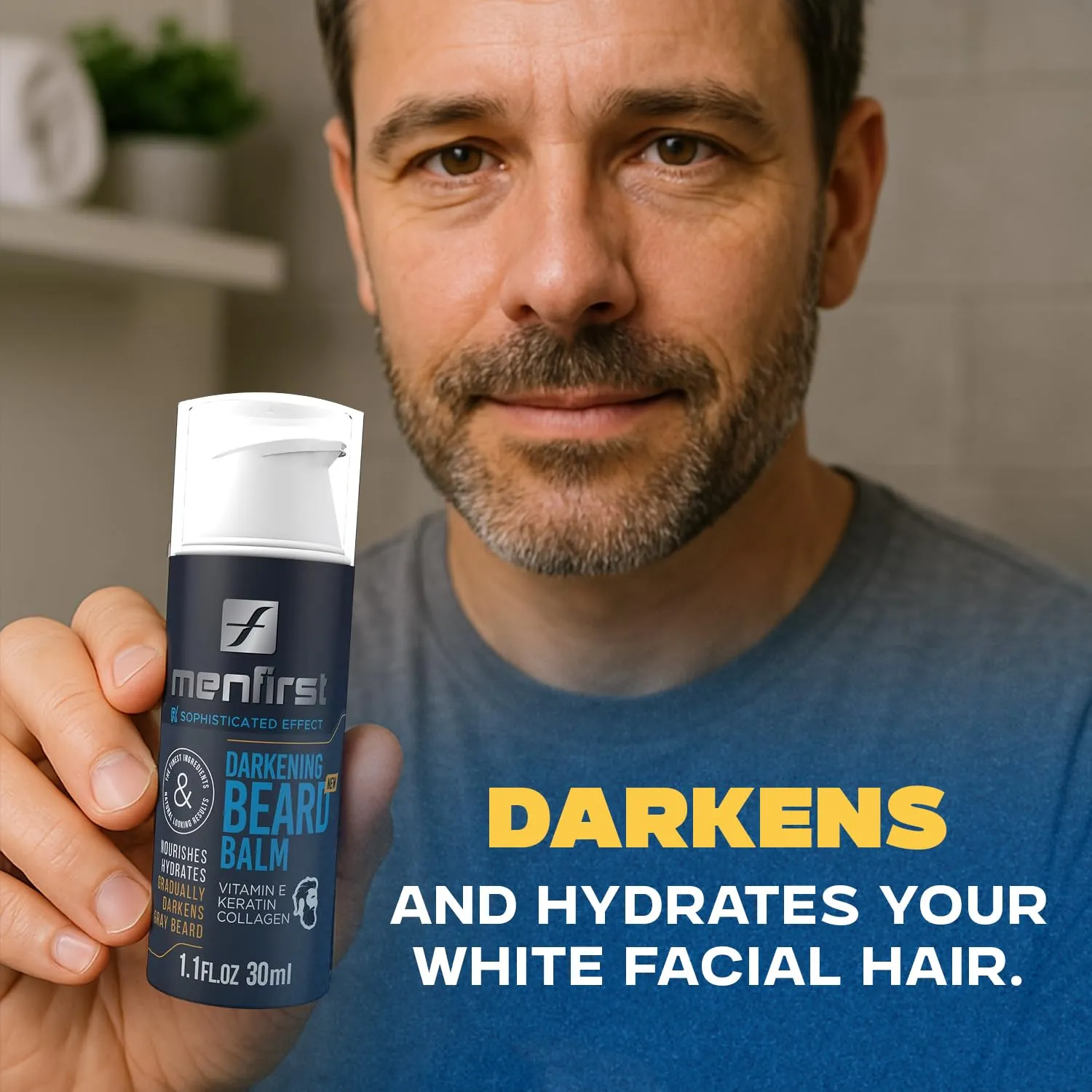 MENFIRST - Gray Darkening Beard Balm - Leave-in Conditioner - Works on Sensitive Skin - Gradually Reduces White or Gray hair Infused with Keratine, Collagen and Vitamin E. - Natural Looking Results