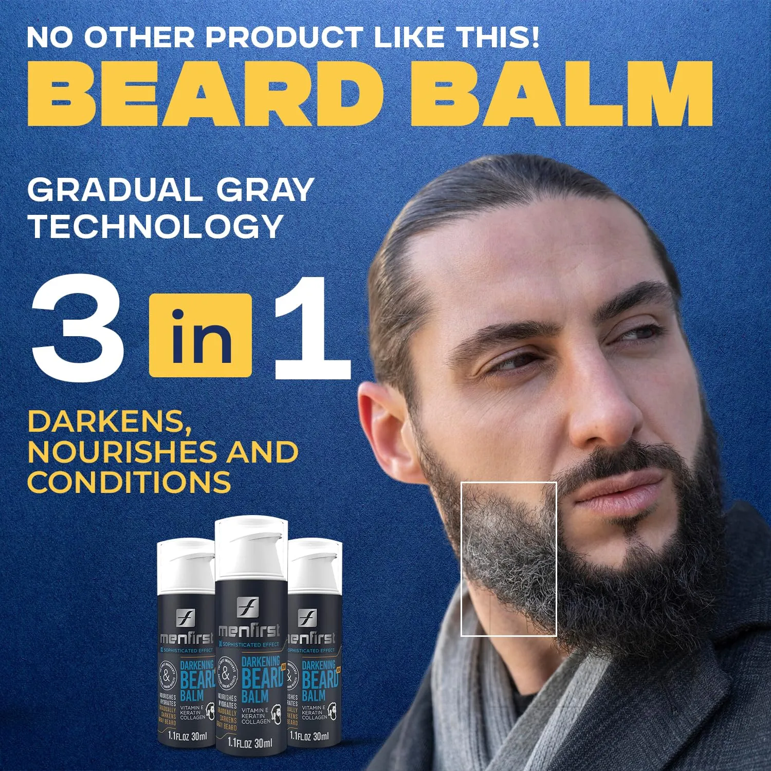 MENFIRST - Gray Darkening Beard Balm - Leave-in Conditioner - Works on Sensitive Skin - Gradually Reduces White or Gray hair Infused with Keratine, Collagen and Vitamin E. - Natural Looking Results