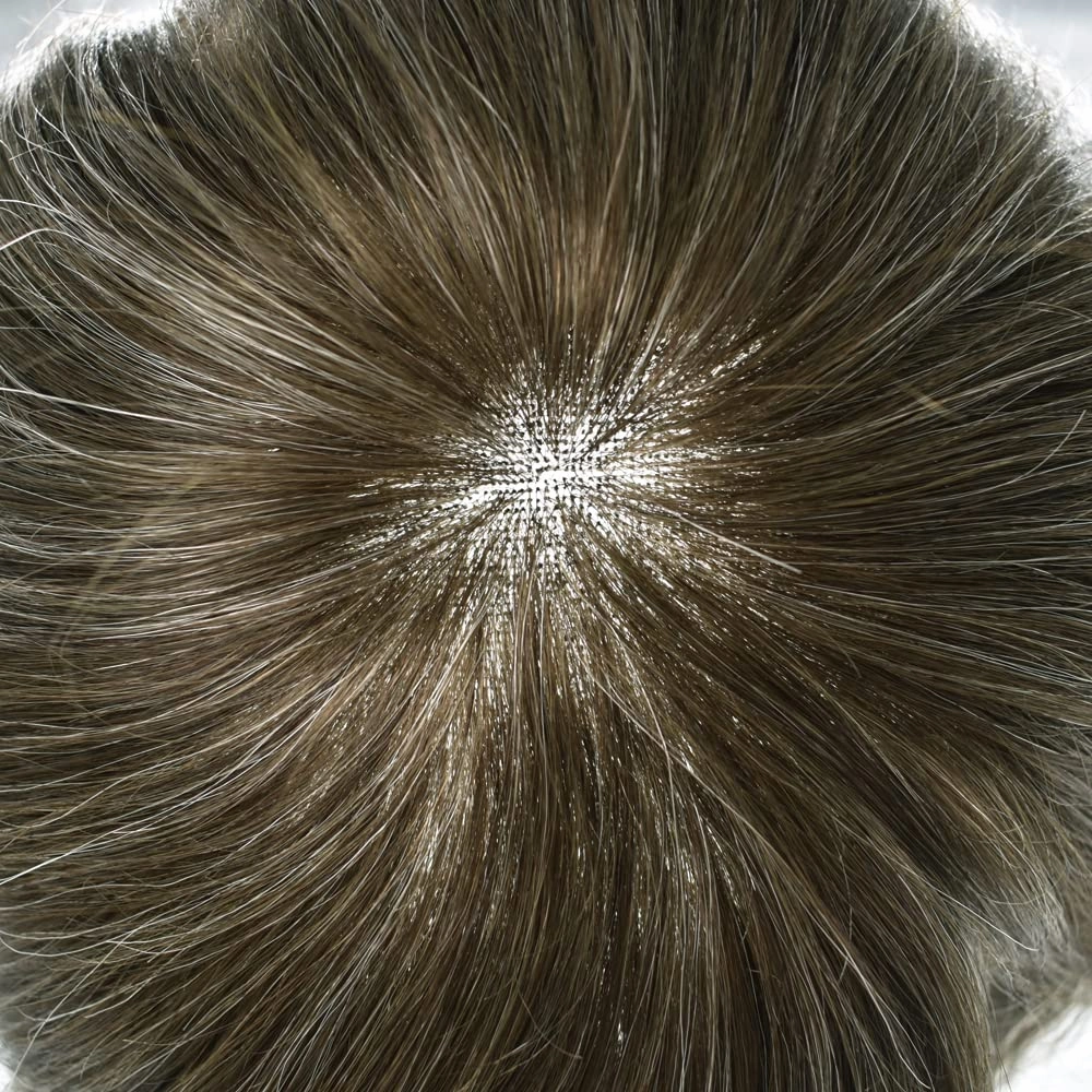 Mens Hairpiece French Lace Toupee for Men Human Hair Replacement System with Skin PU Mens Toupee Hair Units 7X9"-120% density#420 Medium Brown with 20% Gray