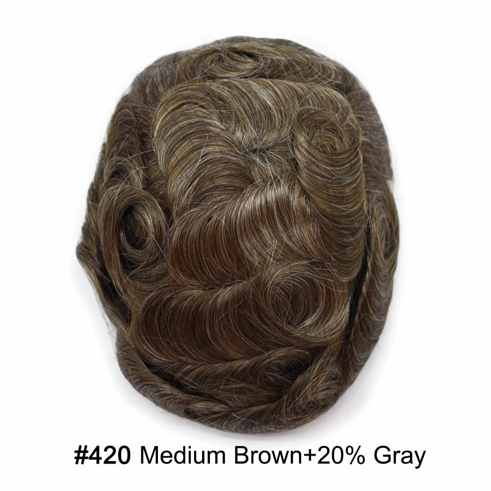 Mens Hairpiece French Lace Toupee for Men Human Hair Replacement System with Skin PU Mens Toupee Hair Units 7X9"-120% density#420 Medium Brown with 20% Gray