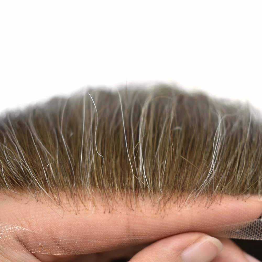 Mens Hairpiece French Lace Toupee for Men Human Hair Replacement System with Skin PU Mens Toupee Hair Units 7X9"-120% density#420 Medium Brown with 20% Gray