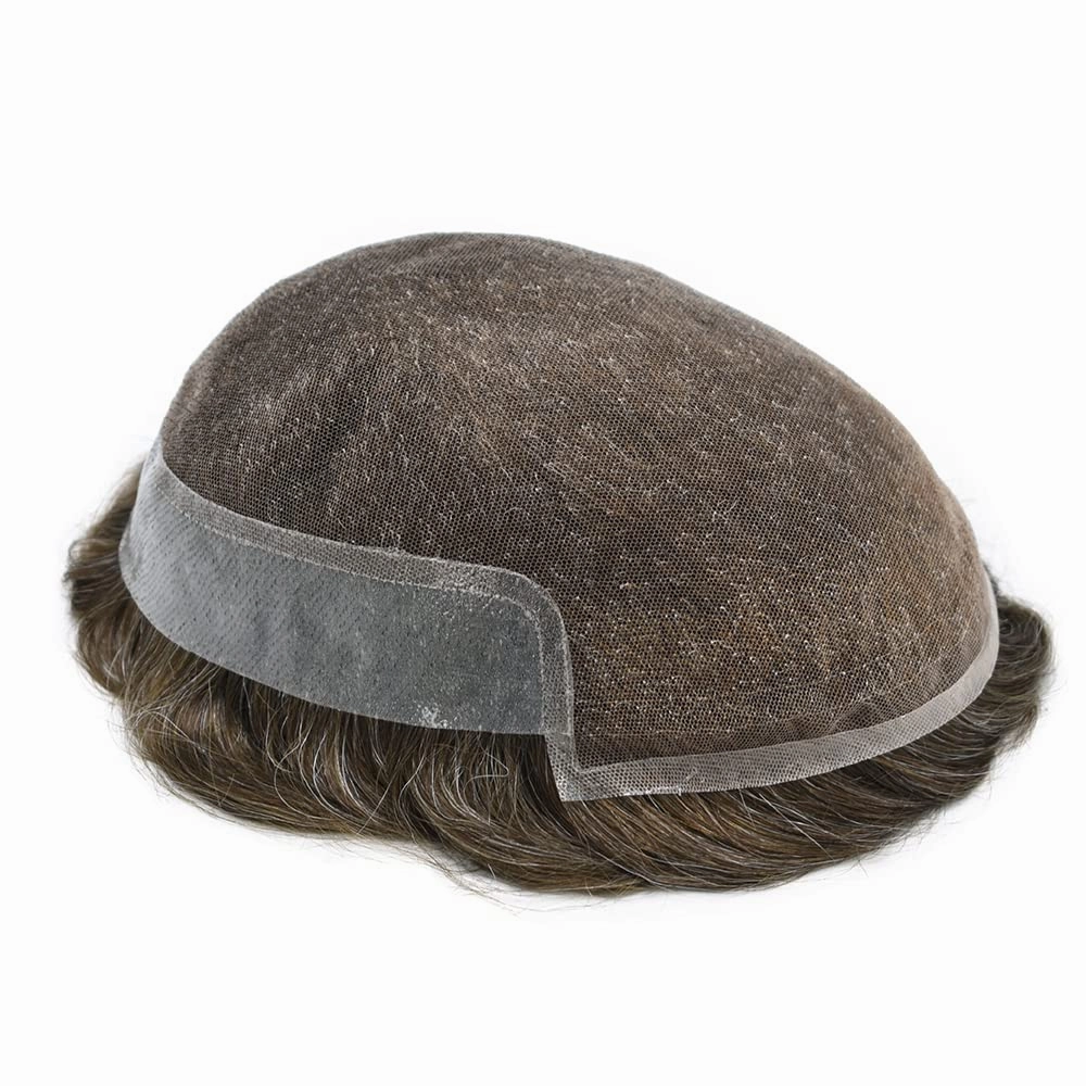 Mens Hairpiece French Lace Toupee for Men Human Hair Replacement System with Skin PU Mens Toupee Hair Units 7X9"-120% density#420 Medium Brown with 20% Gray