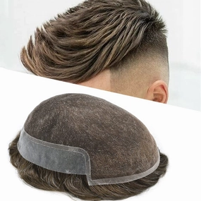 Mens Hairpiece French Lace Toupee for Men Human Hair Replacement System with Skin PU Mens Toupee Hair Units 7X9"-120% density#420 Medium Brown with 20% Gray