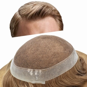 Mens Toupee Hair Piece French Lace Toupee For Men Hair Replacement System For Men Hairpiece Natural Hairline 7X9#17R BROWN/BLONDE MIX WARM TONE