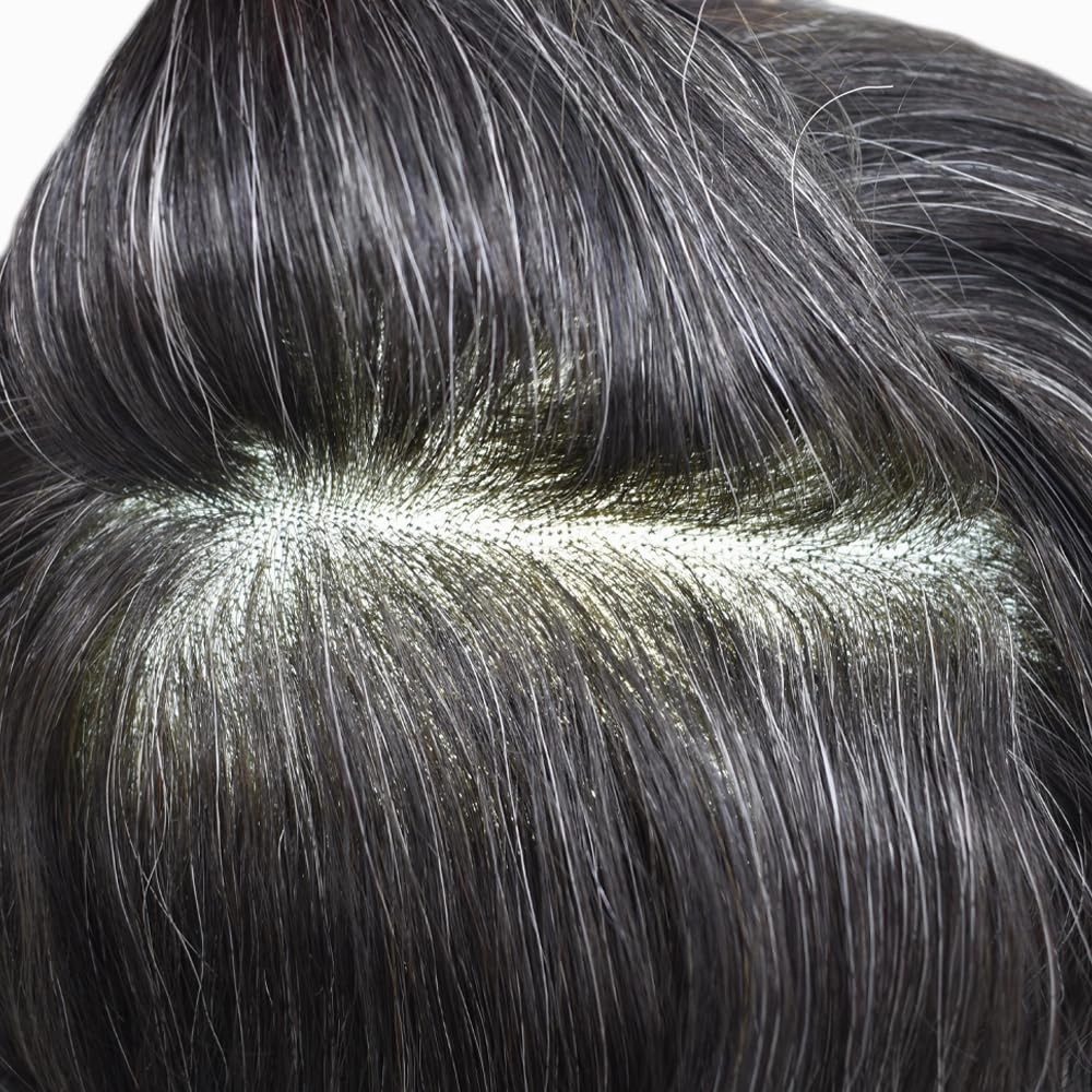 Mens Toupee Hair Piece French Lace Toupee For Men Hair Replacement System For Men Hairpiece Natural Hairline 7X9#1B20#1B Off Black 20% Grey