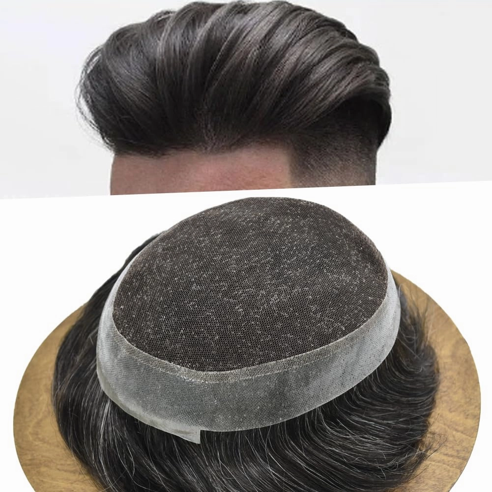 Mens Toupee Hair Piece French Lace Toupee For Men Hair Replacement System For Men Hairpiece Natural Hairline 7X9#1B20#1B Off Black 20% Grey