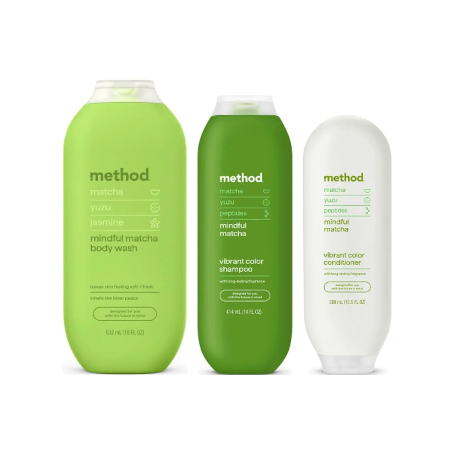 Method Shower Set, Mindful Matcha, Body Wash 18 Fl Oz, Color Protect Shampoo 14 Fl Oz, Color Protect Conditioner 13.5 Fl OZ (Variety Pack)