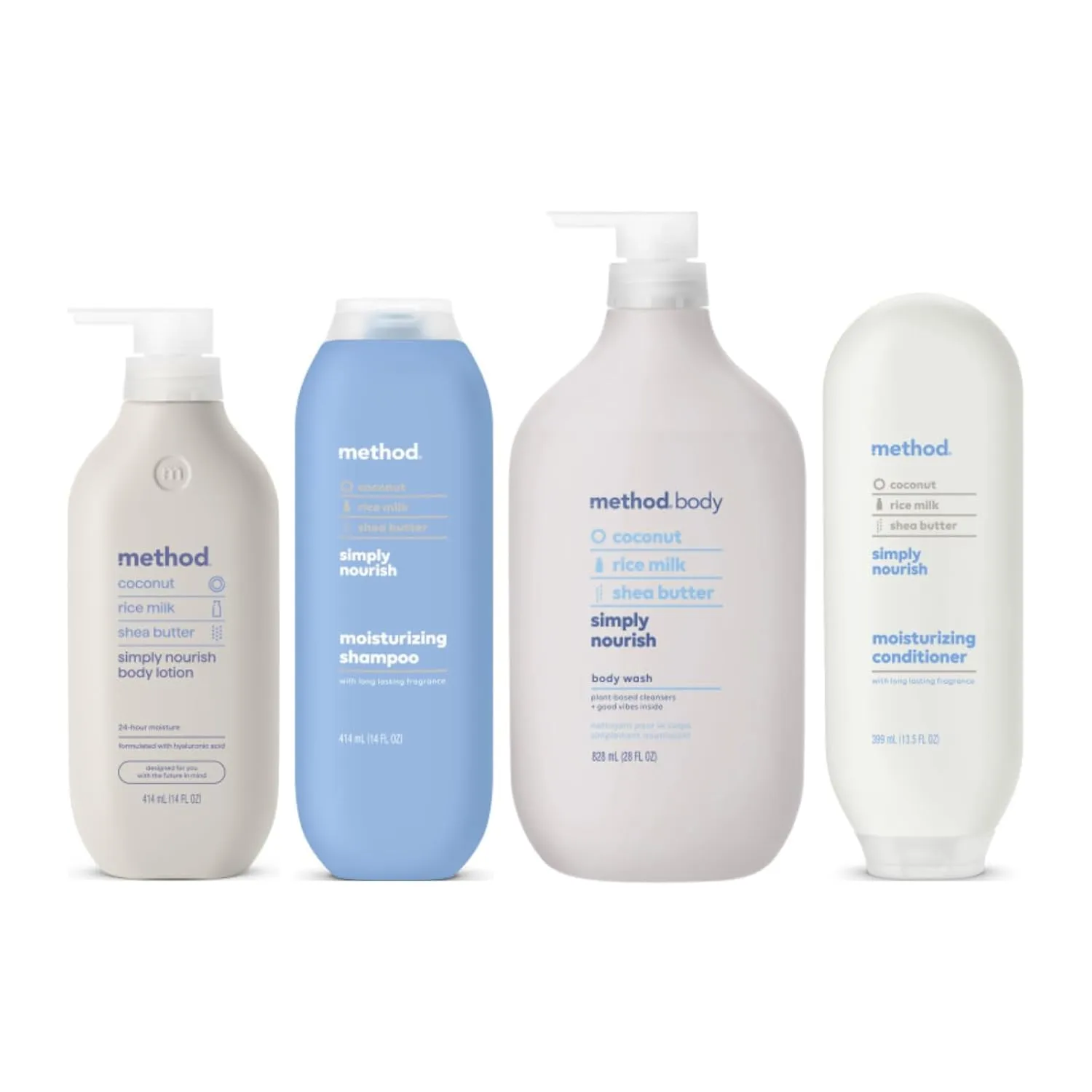 Method Simply Nourish, Body Lotion 14 Fl Oz, Body Wash 28 Fl Oz, Moisturizing Shampoo 14 Fl Oz, Moisturizing Conditioner 13.5 Fl Oz (Variety Pack)