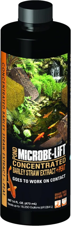 Microbe-Lift Concentrated Barley Straw Extract Plus Liquid Peat Conditioner for Ponds and Outdoor Water Garden, Safe for Live Koi Fish, Plants, and Decorations, 16 Ounces