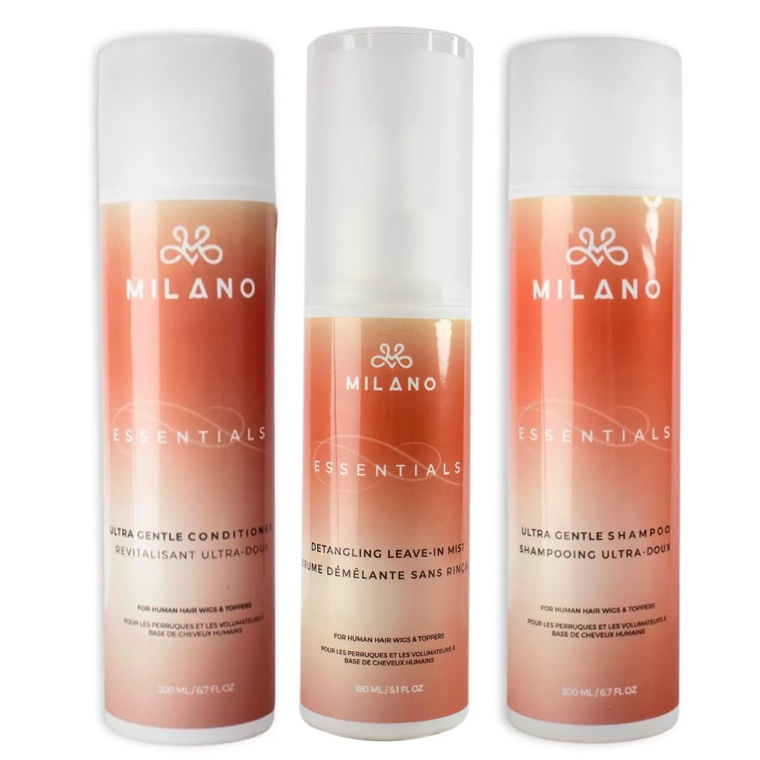 Milano Collection Essentials Gentle Bundle, Regular Care Kit for Natural Hair & Human Hair Wigs & Toppers, Ultra Gentle Hair Shampoo, Conditioner & Leave-In Detangler Mist for Women, 3 Pack