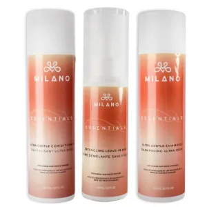 Milano Collection Essentials Gentle Bundle, Regular Care Kit for Natural Hair & Human Hair Wigs & Toppers, Ultra Gentle Hair Shampoo, Conditioner & Leave-In Detangler Mist for Women, 3 Pack