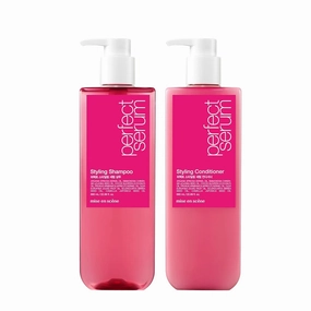 Mise En Scene Perfect Styling Serum Shampoo and Conditioner Set - Korean Damaged Hair Care with Morocco Argan Oil, Powdery Floral Scent, Nourishing