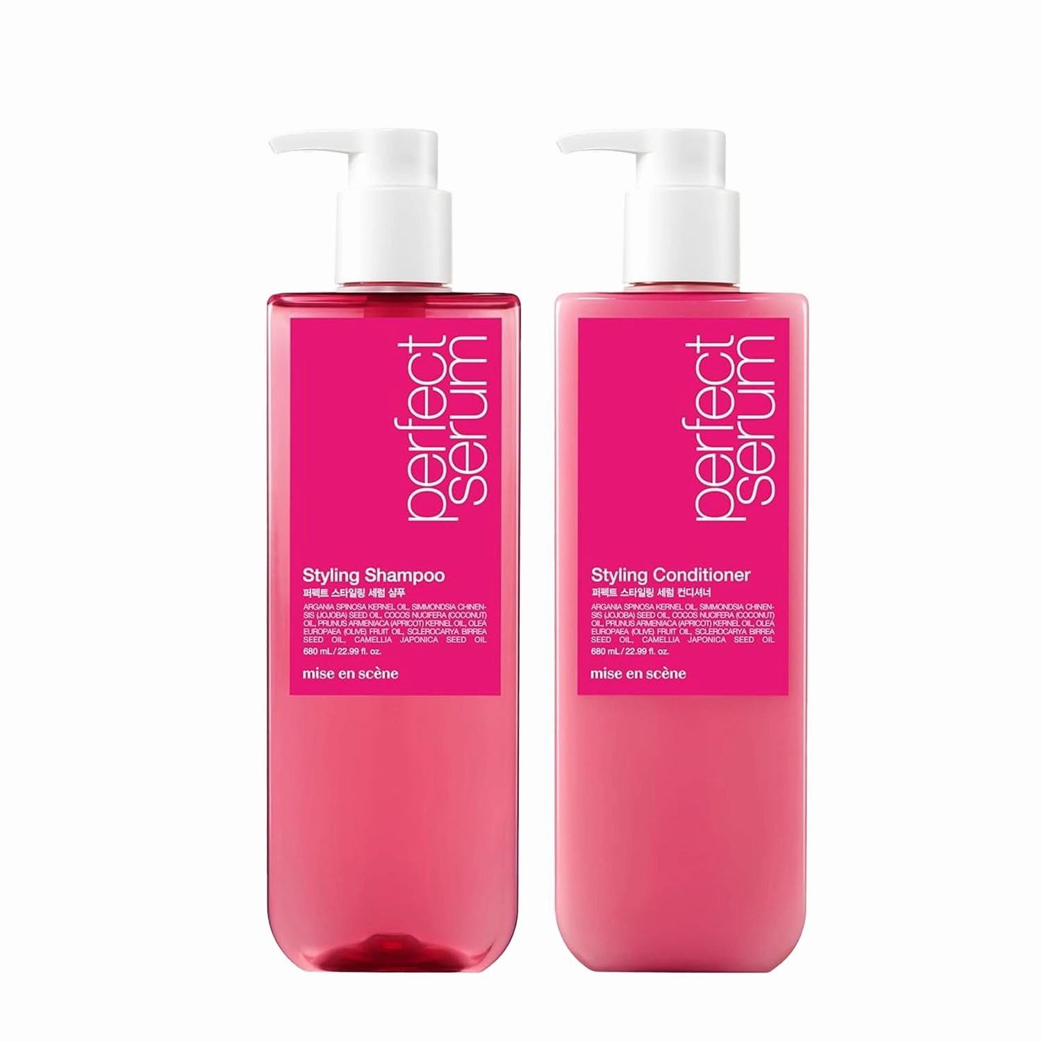 Mise En Scene Perfect Styling Serum Shampoo and Conditioner Set - Korean Damaged Hair Care with Morocco Argan Oil, Powdery Floral Scent, Nourishing