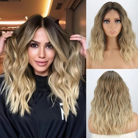 MISSQUEEN Medium Length Omber Blonde Wavy Wig Short Curly Blond Wig for Women Synthetic Middle Part Heat Resistant Fiber Blonde Hair Wigs for Everyday Hairstyle Party Use