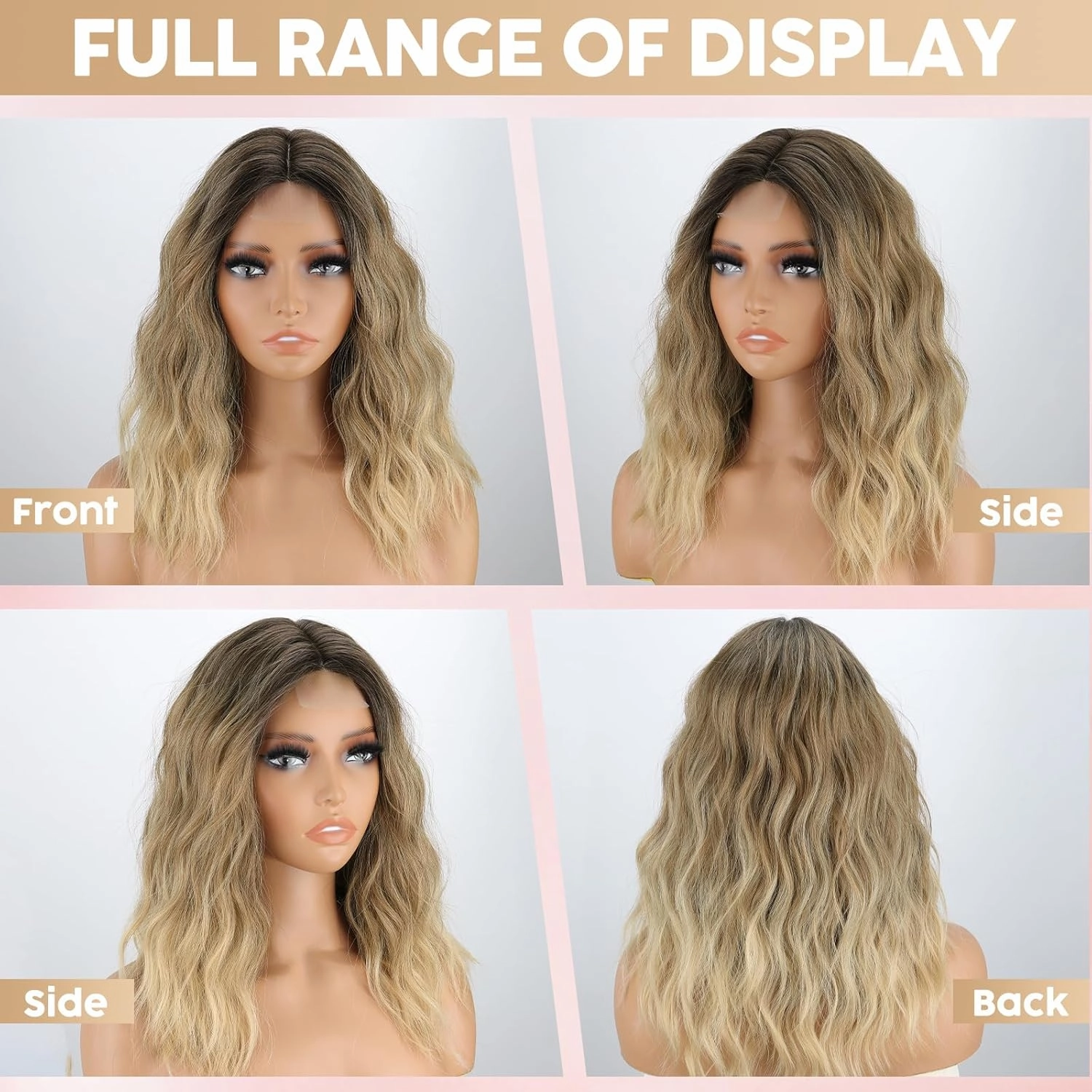 MISSQUEEN Medium Length Omber Blonde Wavy Wig Short Curly Blond Wig for Women Synthetic Middle Part Heat Resistant Fiber Blonde Hair Wigs for Everyday Hairstyle Party Use